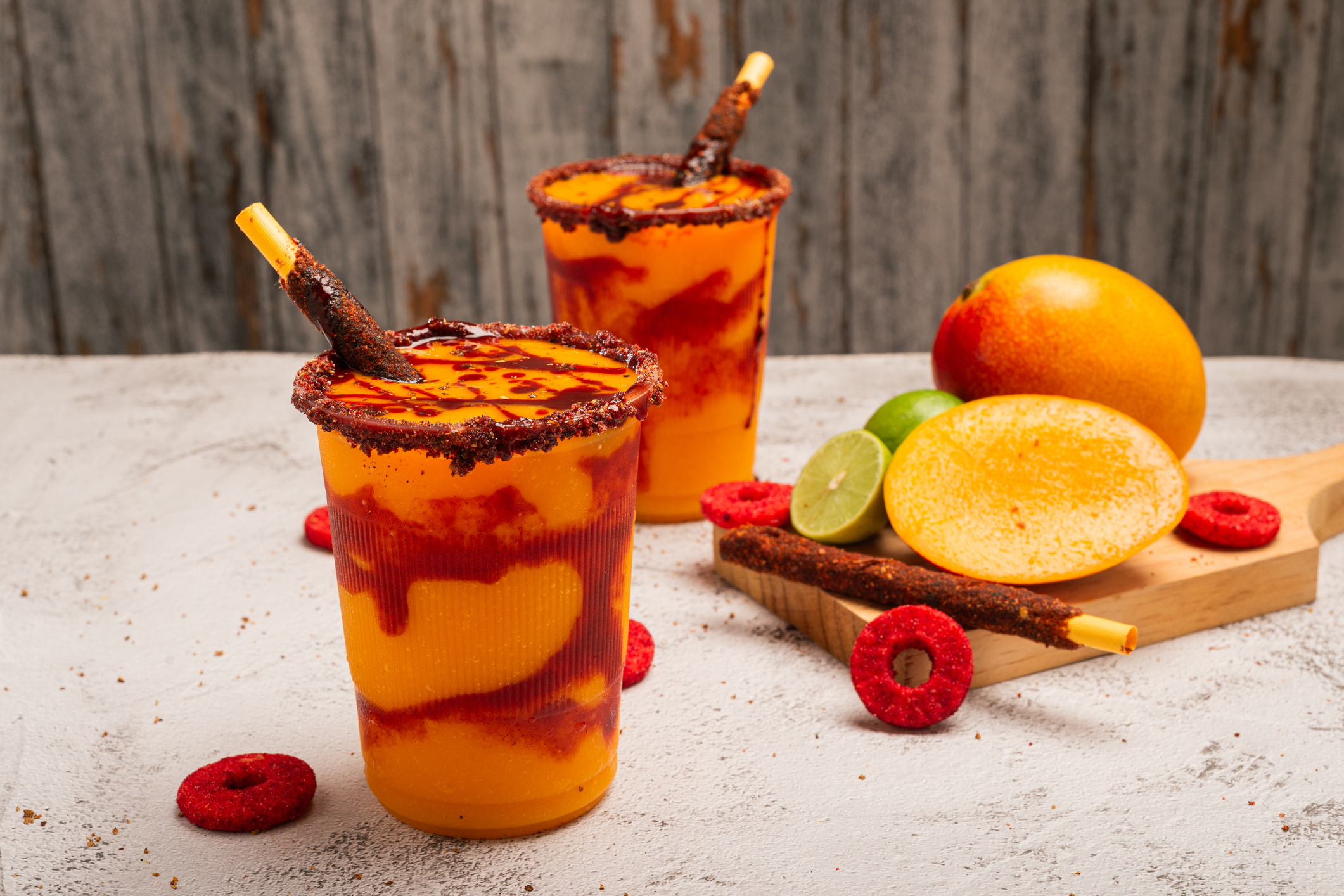 Mangonada, typical mexican mango smoothie with chamoy sauce and lime juice.